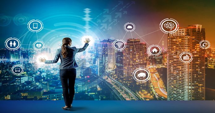 young business person and graphical user interface concept. Artificial Intelligence. Internet of Things. Information Communication Technology. Smart City. digital transformation.
