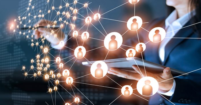 Business woman drawing global structure networking and data exchanges customer connection on dark background