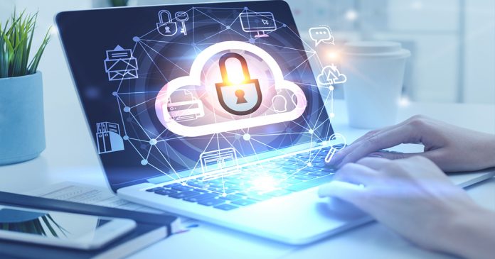 Woman hand on laptop, cloud computer